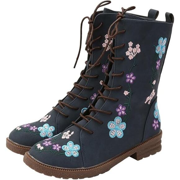 Fashion Combat Boots Floral Embroidered Faux Suede Lace Up Blue Navy Size 8US - Picture 1 of 10